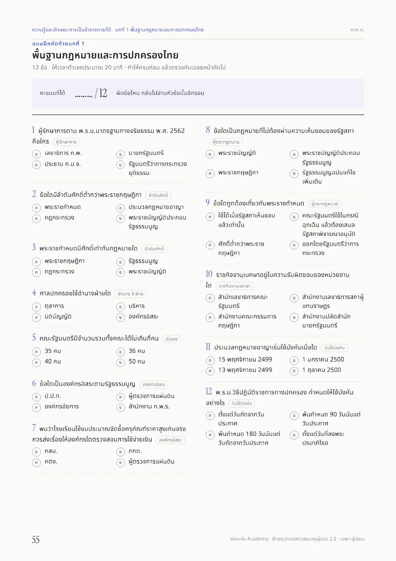 หน้าแบบฝึกท้ายบทในชีทการเป็นข้าราชการที่ดี
