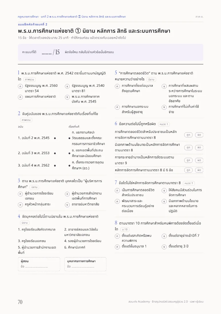 หน้าแบบฝึกท้ายบทในชีทกฎหมายการศึกษา